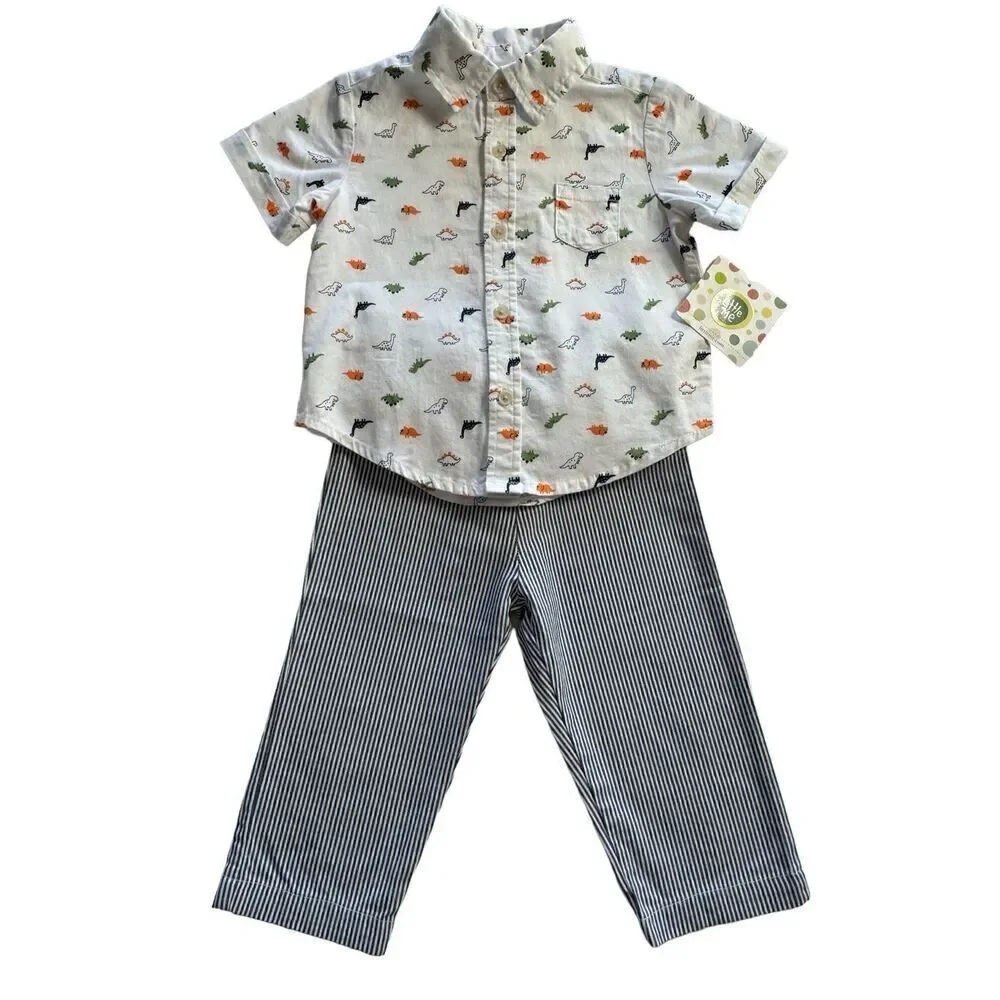 LITTLE ME BOYS 12M 2-Piece Baby Dino Button Down Shirt and Pants Set
